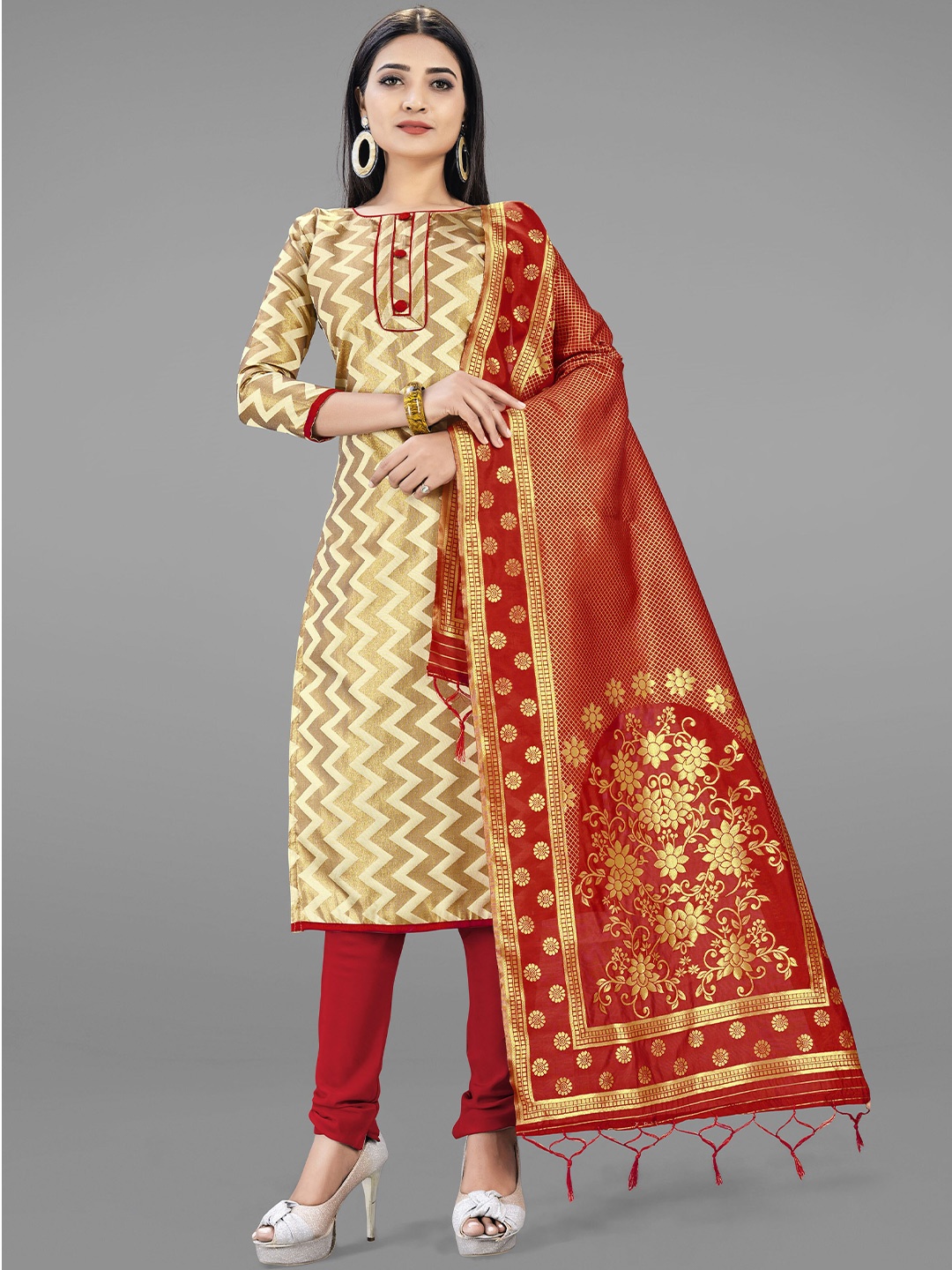 

KALINI Cream-Coloured & Red Unstitched Dress Material