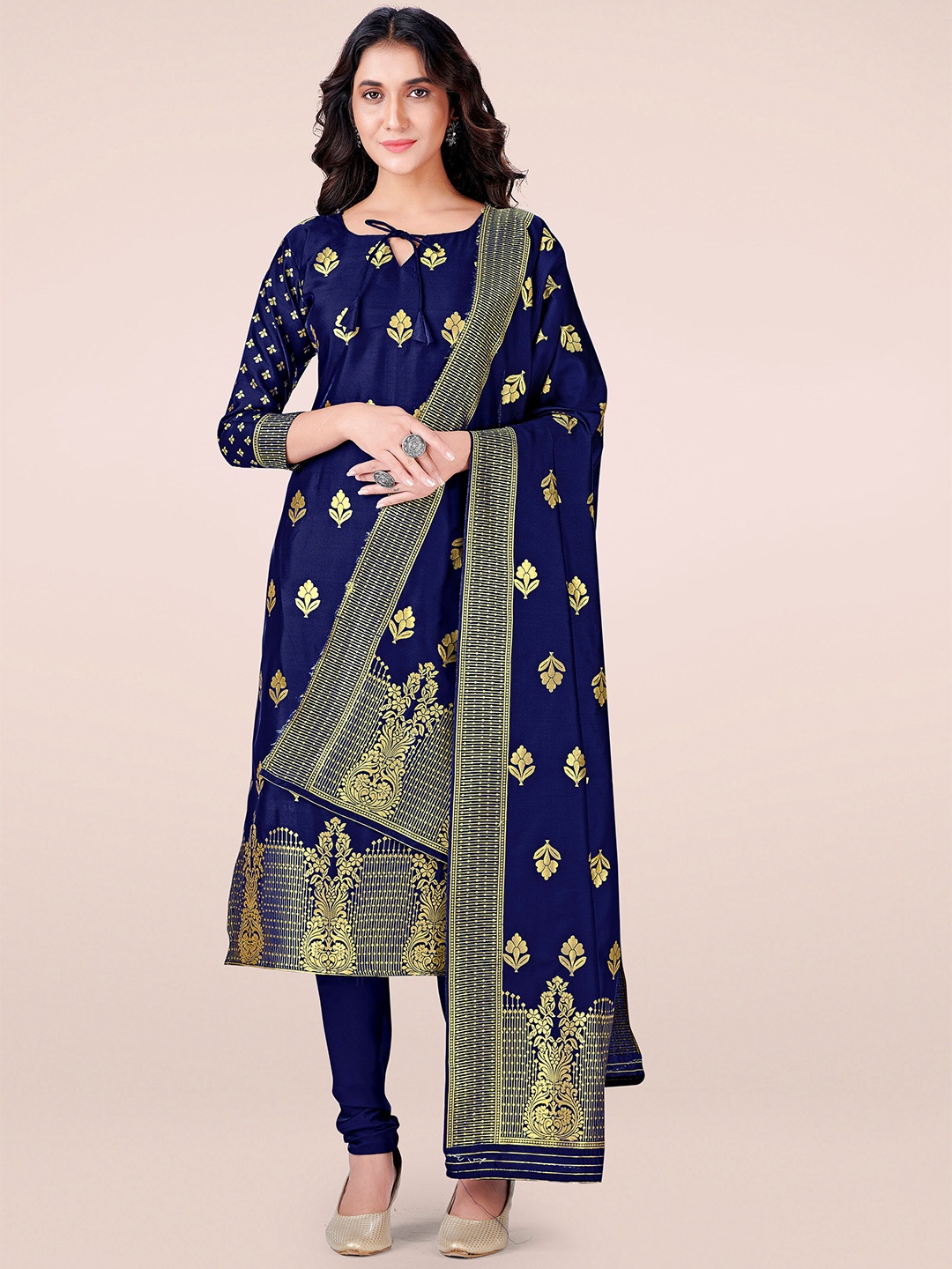 

KALINI Navy Blue & Gold-Toned Unstitched Dress Material