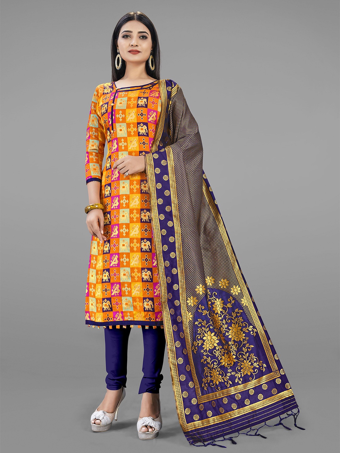 

KALINI Orange & Blue Unstitched Dress Material