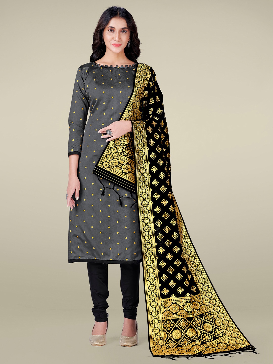 

KALINI Grey & Black Unstitched Dress Material
