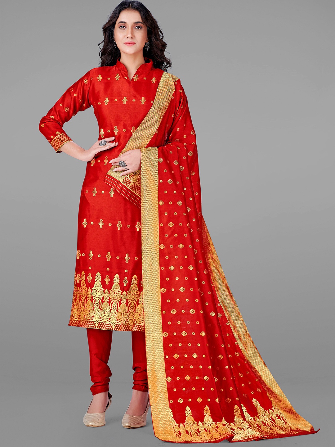 

KALINI Red & Gold-Toned Unstitched Dress Material