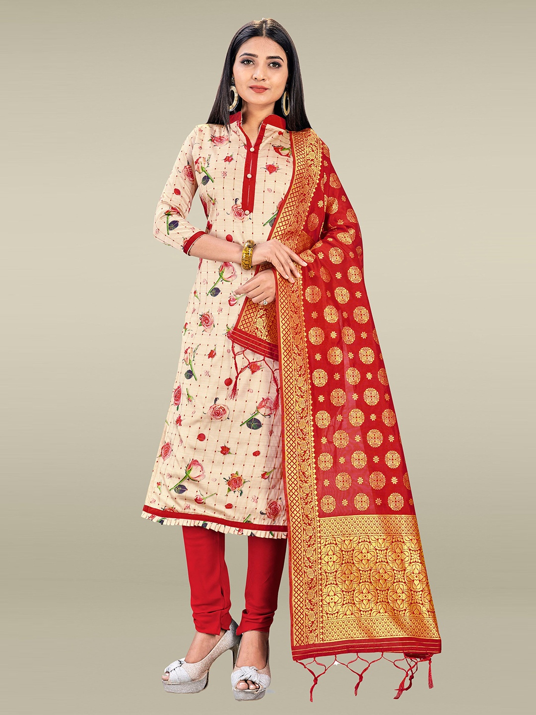 

KALINI Cream-Coloured & Red Unstitched Dress Material