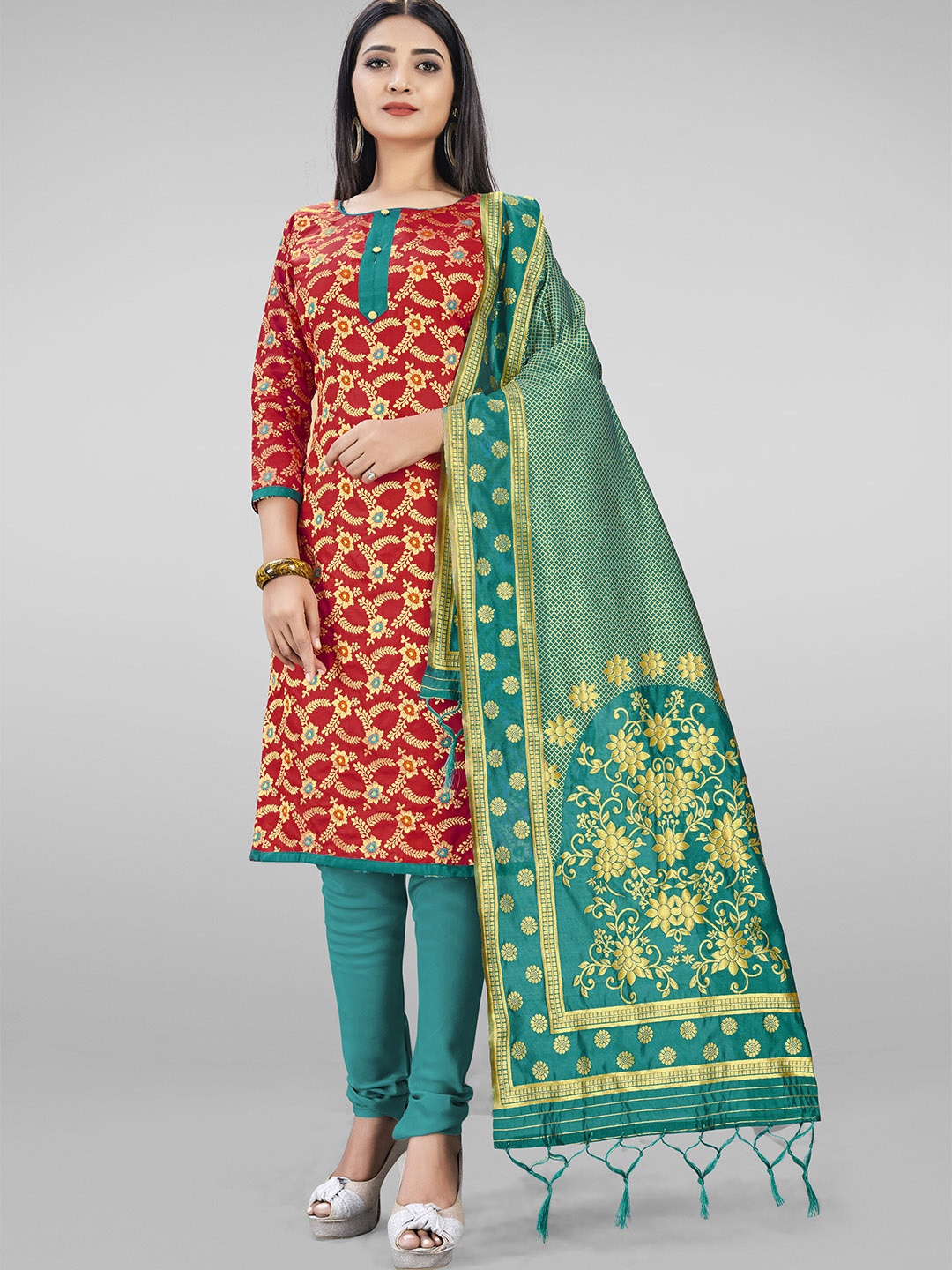 

KALINI Red & Blue Unstitched Dress Material