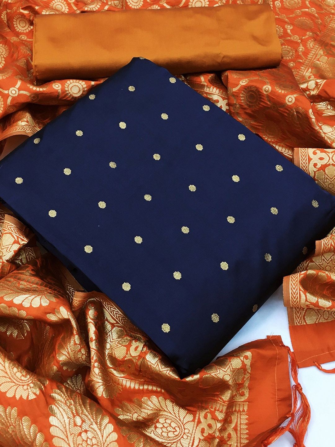 

KALINI Women Navy Blue & Orange Unstitched Dress Material