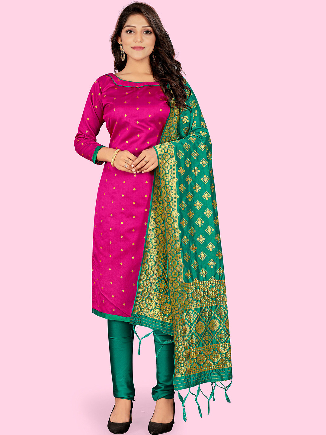 

KALINI Women Pink & Red Unstitched Dress Material