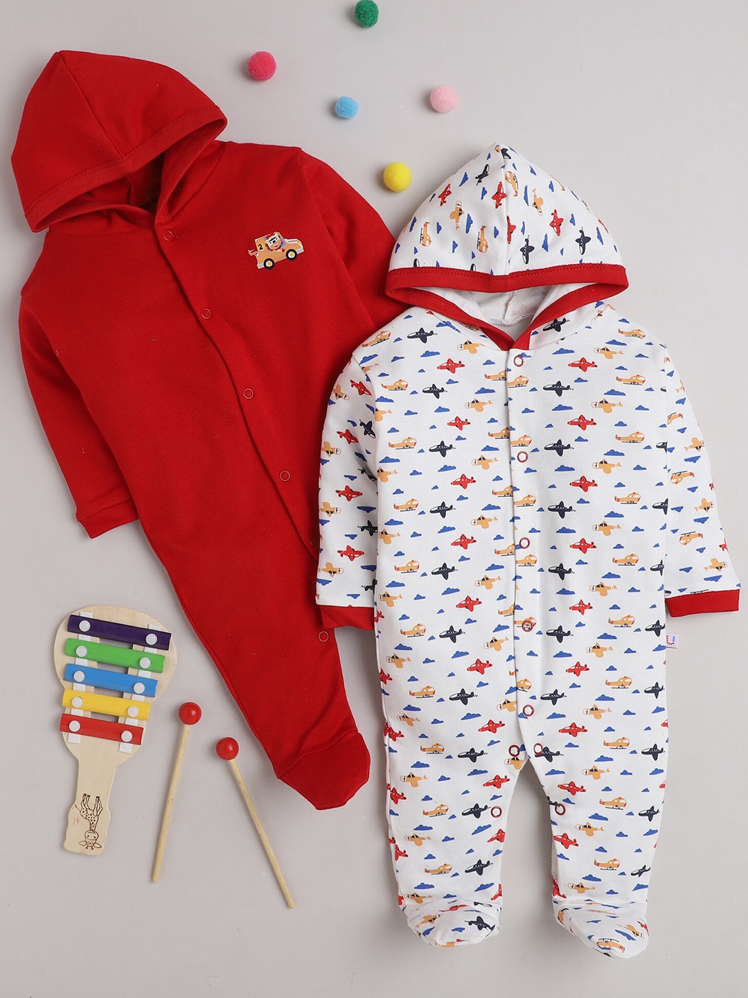 

BUMZEE Boys Red & White Pack Of 2 Solid Cotton Sleepsuit