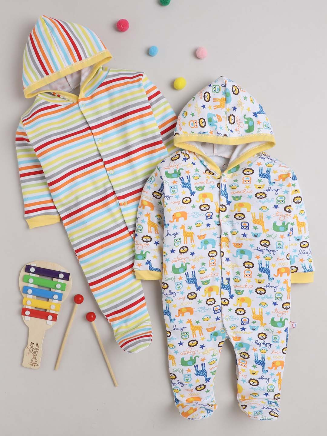

BUMZEE Infants Boys White & Yellow Pack of 2 Printed Cotton Sleepsuit