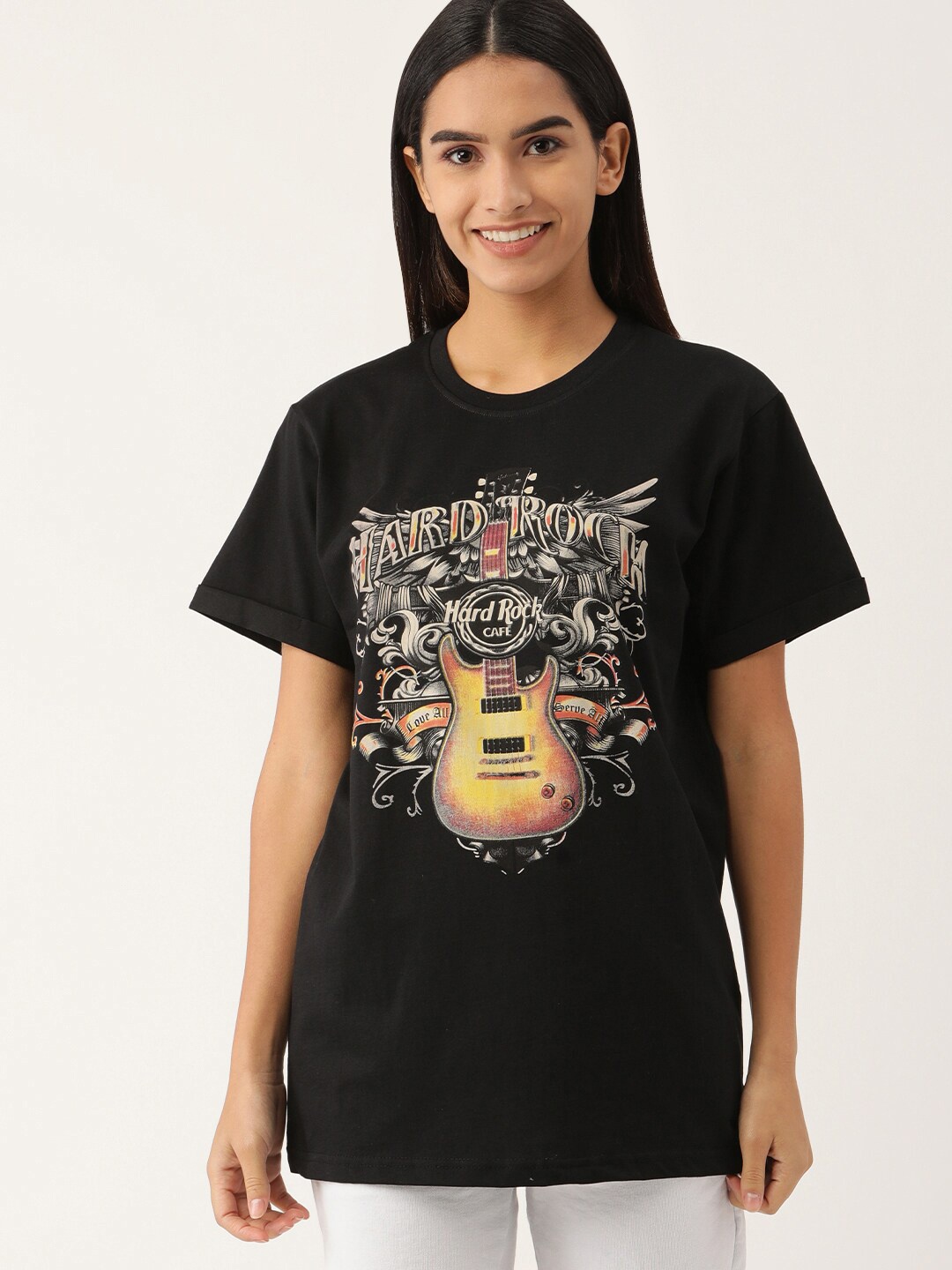

Kryptic Women Black Printed Loose Cotton T-shirt