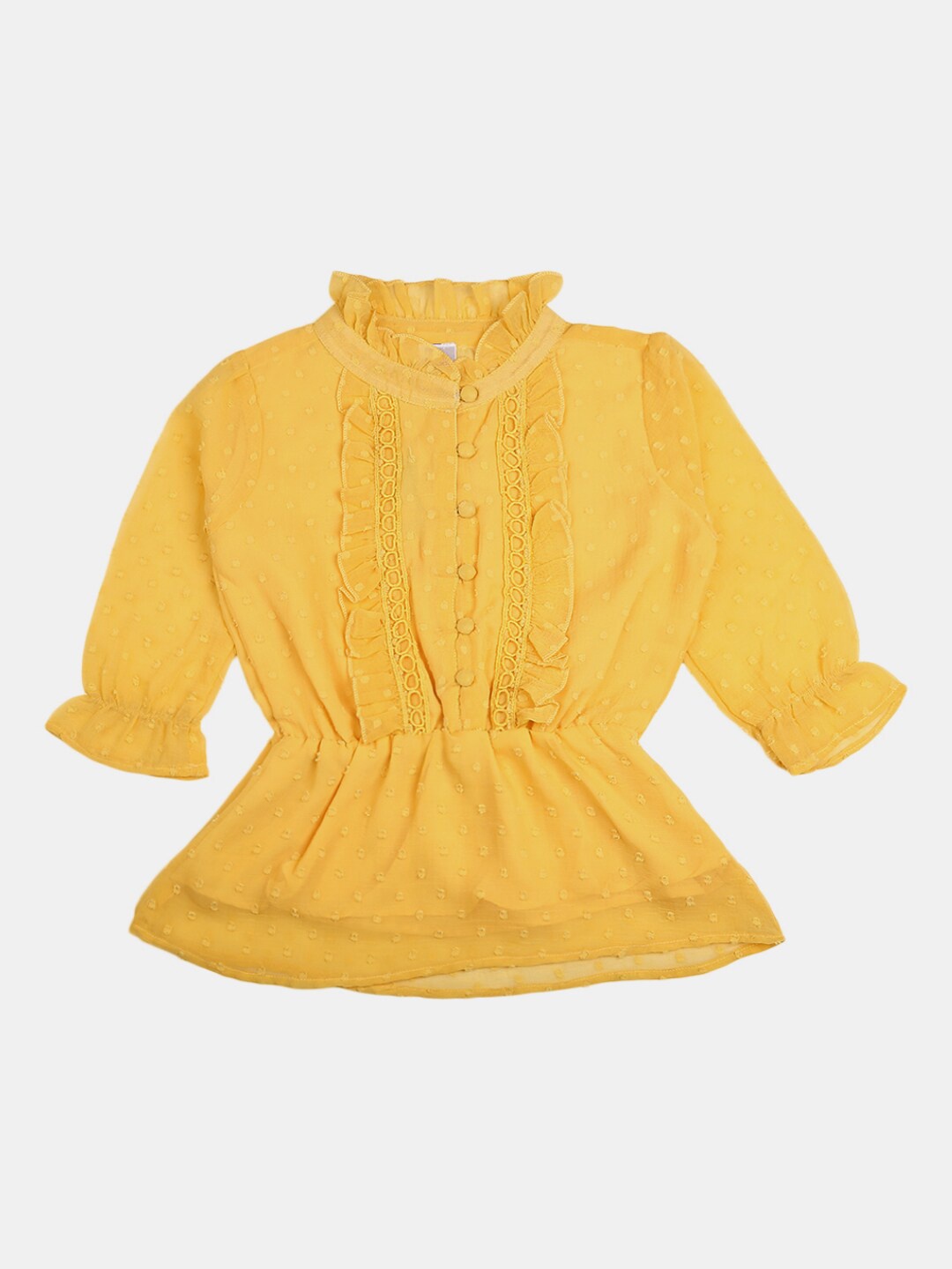 

V-Mart Mustard Yellow Pure Cotton Mandarin Collar Cinched Waist Top