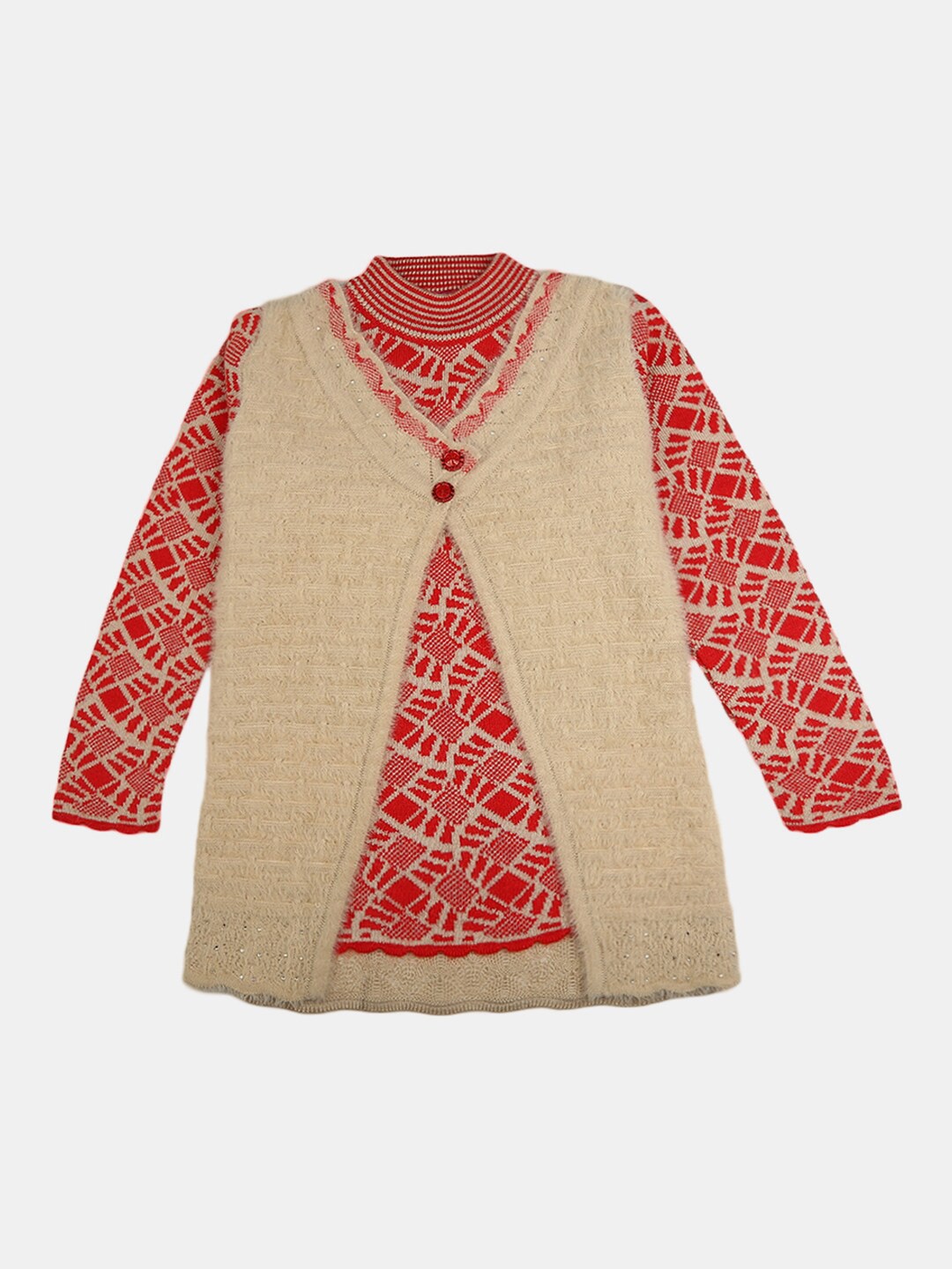 

V-Mart Kids Girls Red & Beige Pure Cotton Print Top