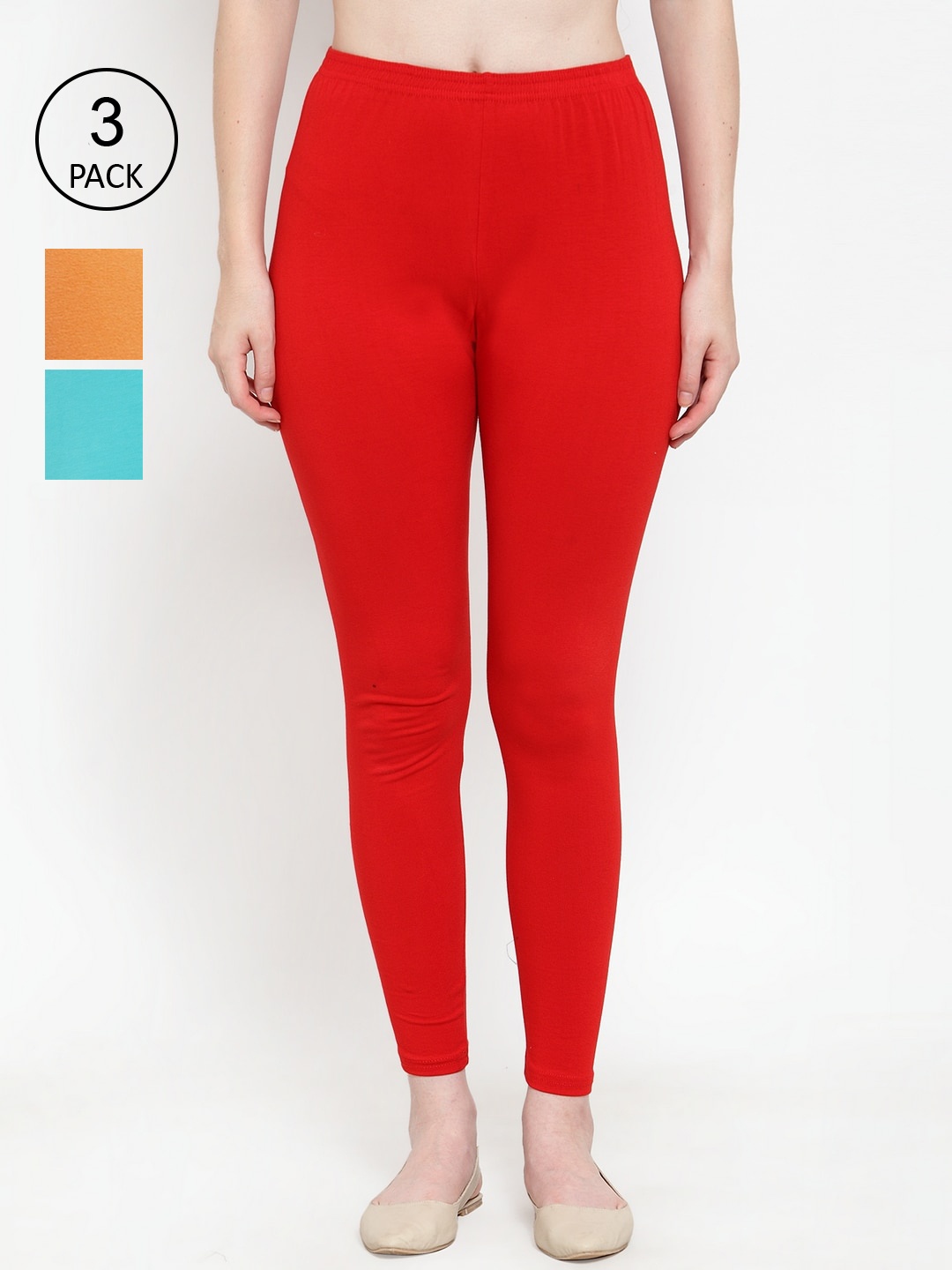 

Jinfo Women Pack Of 3 Solid Ankle-Length Super Combod Cotton Leggings, Red