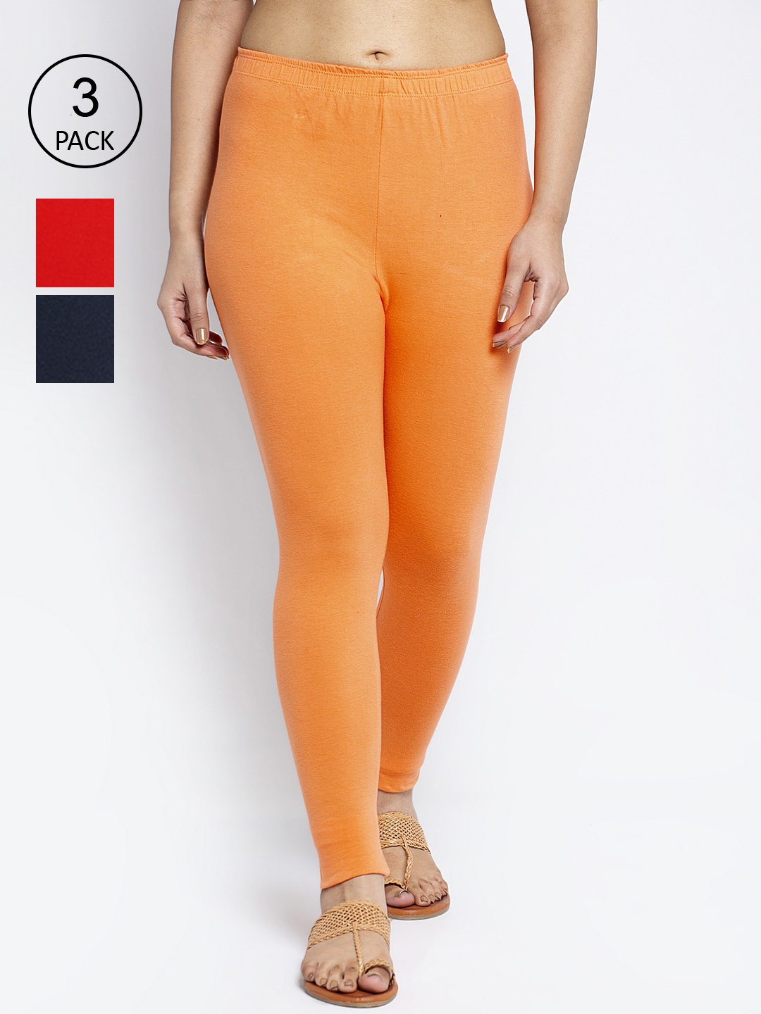 

Jinfo Women Pack Of 3 Solid Ankle-Length Super Combod Cotton Leggings, Red