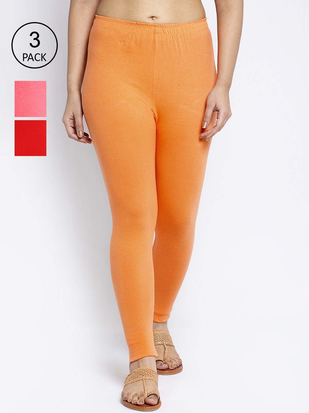 

Jinfo Women Pack Of 3 Solid Ankle-Length Super Combod Cotton Leggings, Red
