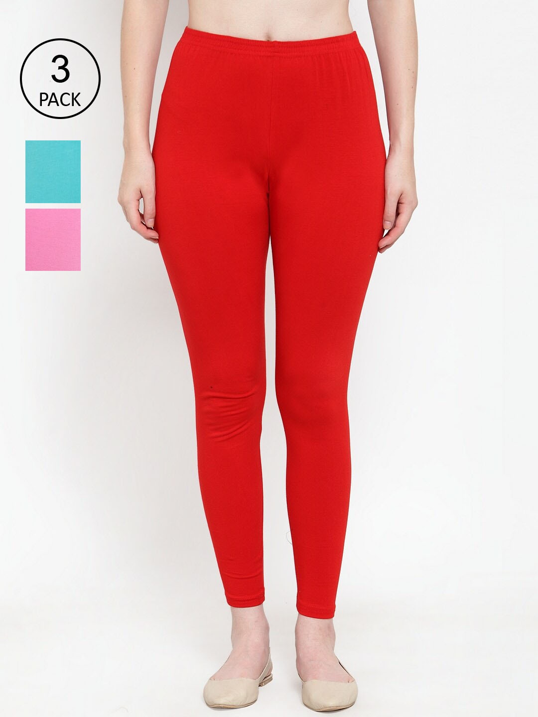

Jinfo Women Pack Of 3 Solid Cotton Super Combod Cotton Leggings, Red