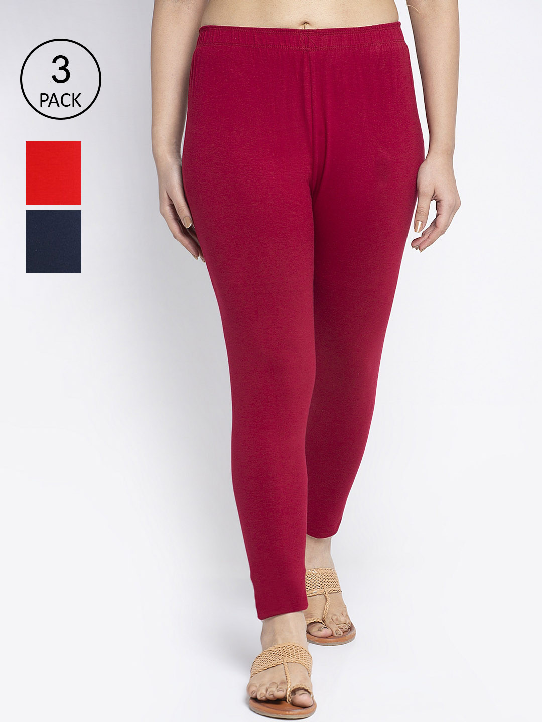 

Jinfo Women Pack Of 3 Solid Ankle-Length Super Combod Cotton Leggings, Red
