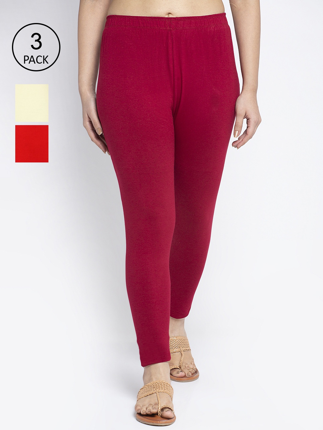 

Jinfo Women Pack Of 3 Solid Ankle-Length Super Combod Cotton Leggings, Red