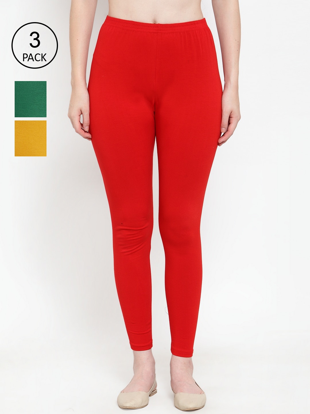 

Jinfo Women Pack Of 3 Solid Ankle-Length Super Combod Cotton Leggings, Red