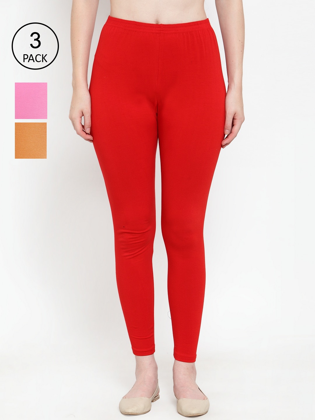 

Jinfo Women Pack Of 3 Solid Ankle-Length Super Combod Cotton Leggings, Red