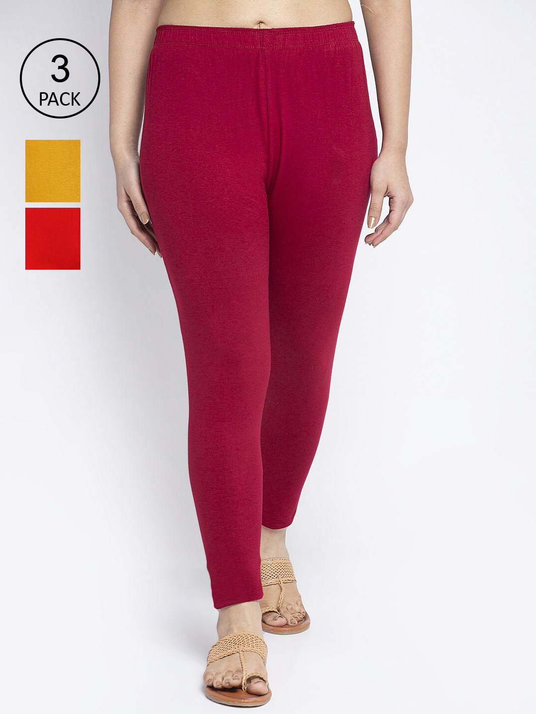 

Jinfo Women Pack Of 3 Solid Super Combod Cotton Lycra Ankle-Length Leggings, Red