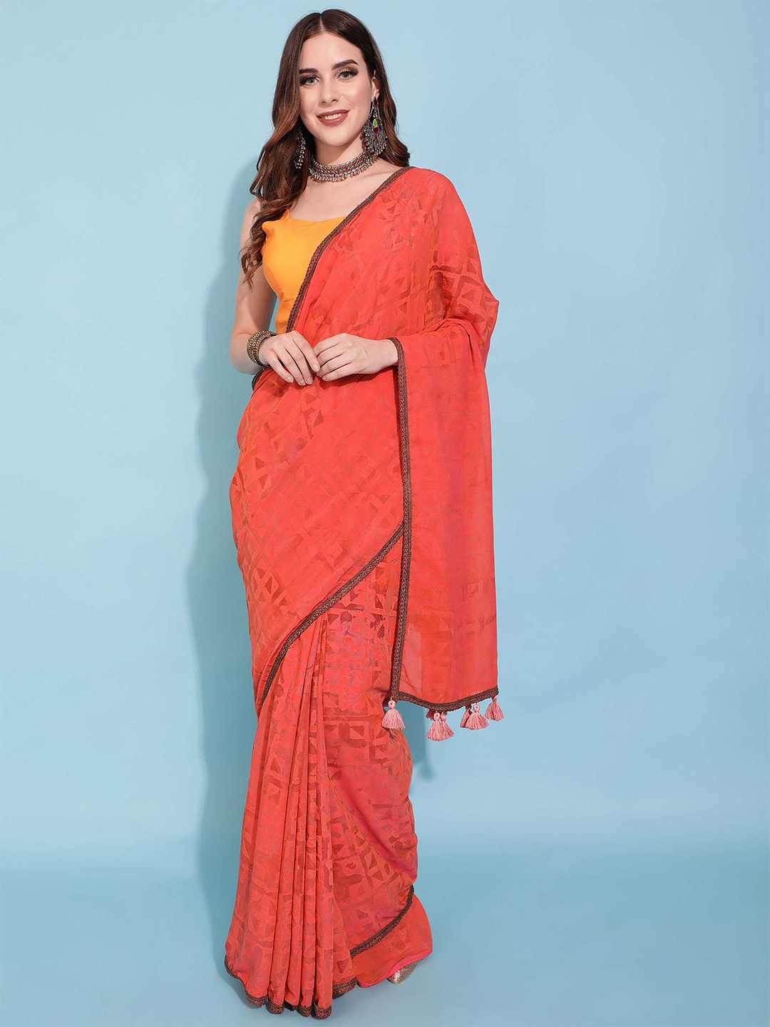 

DUNGRANI Orange Block Print Saree