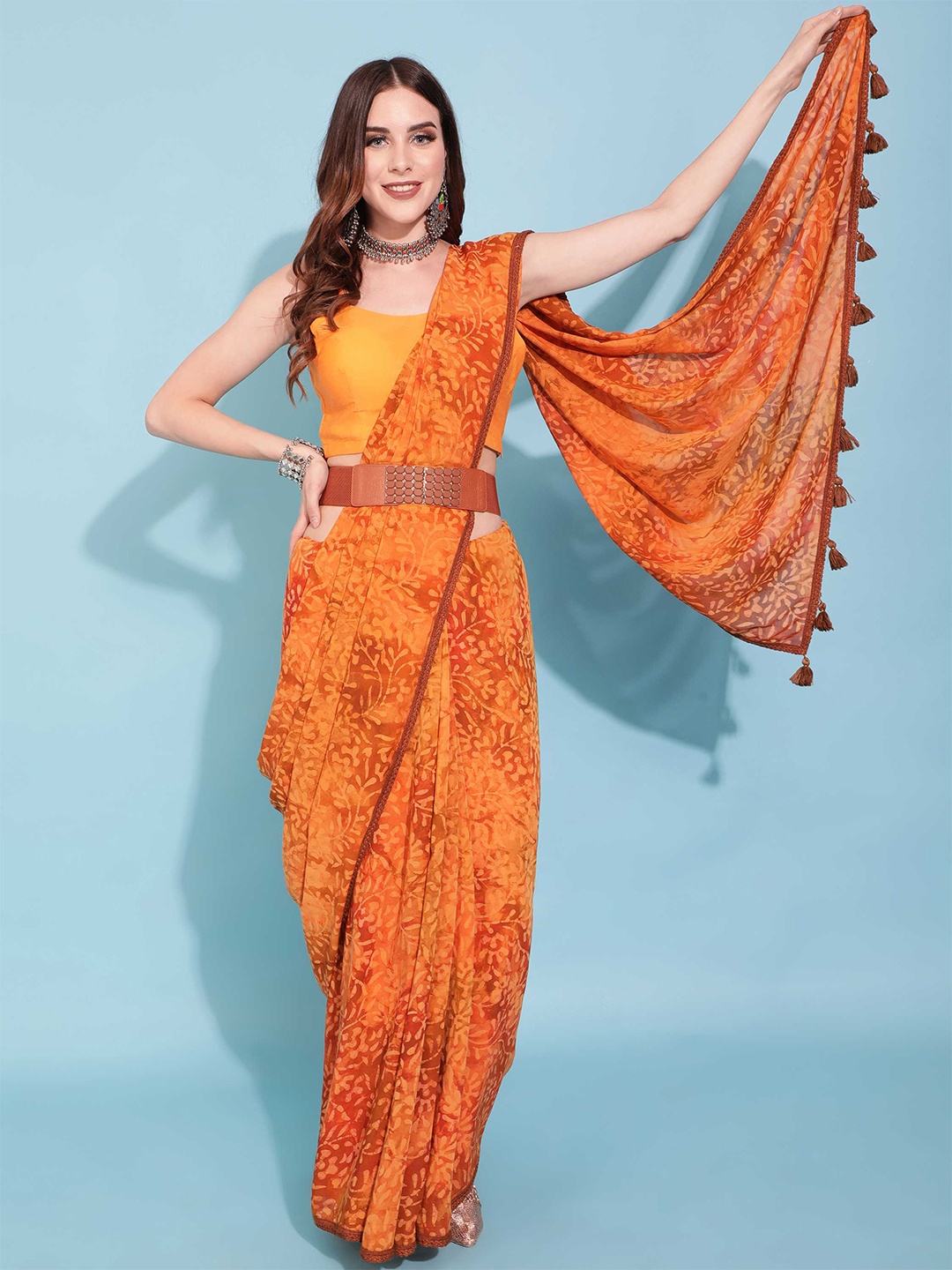 

DUNGRANI Mustard & Orange Batik Block Print Saree