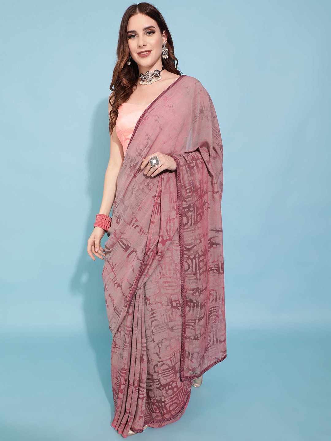 

DUNGRANI Purple & Pink Batik Block Print Saree