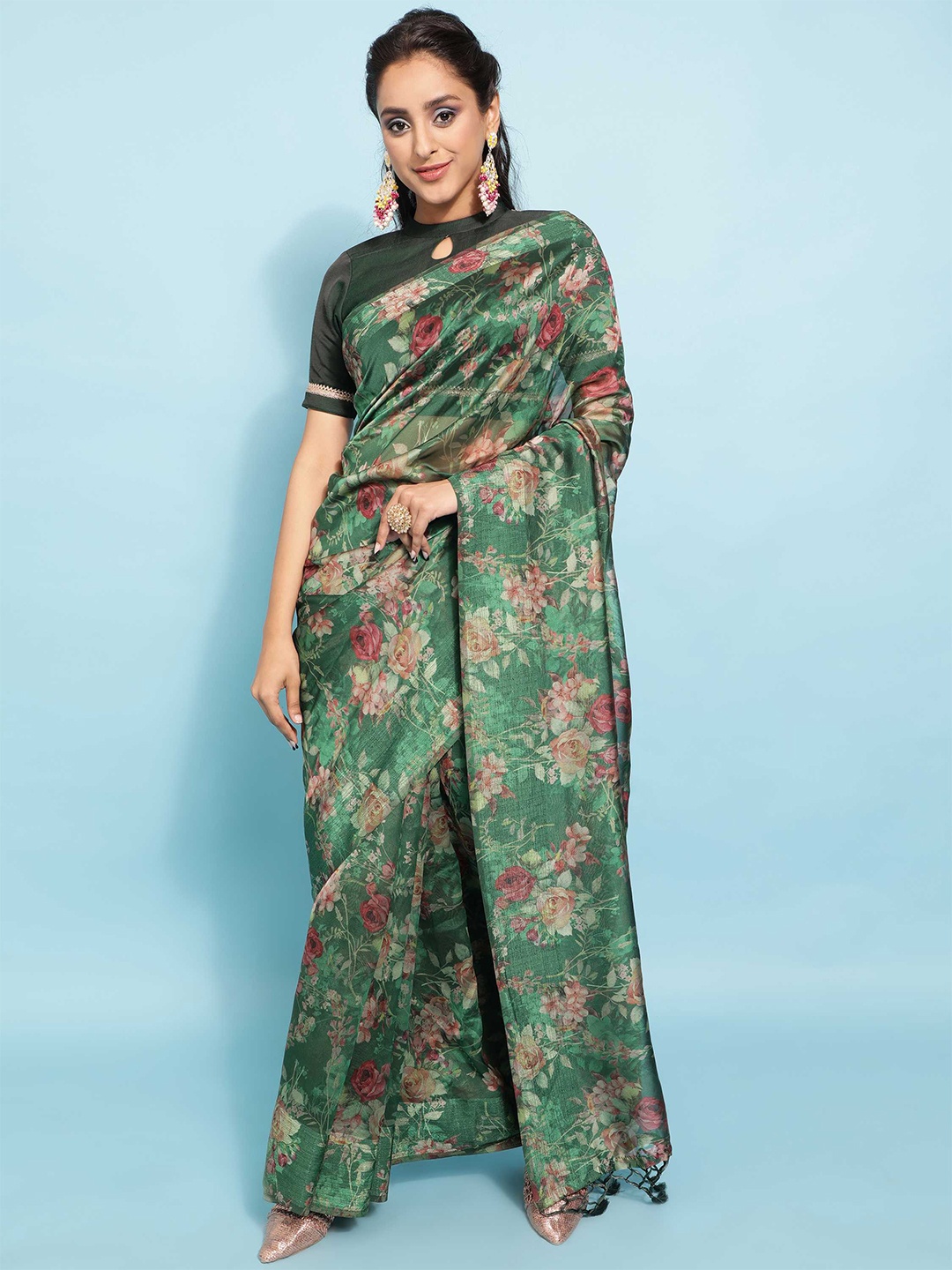 

DUNGRANI Green & Pink Floral Khadi Saree