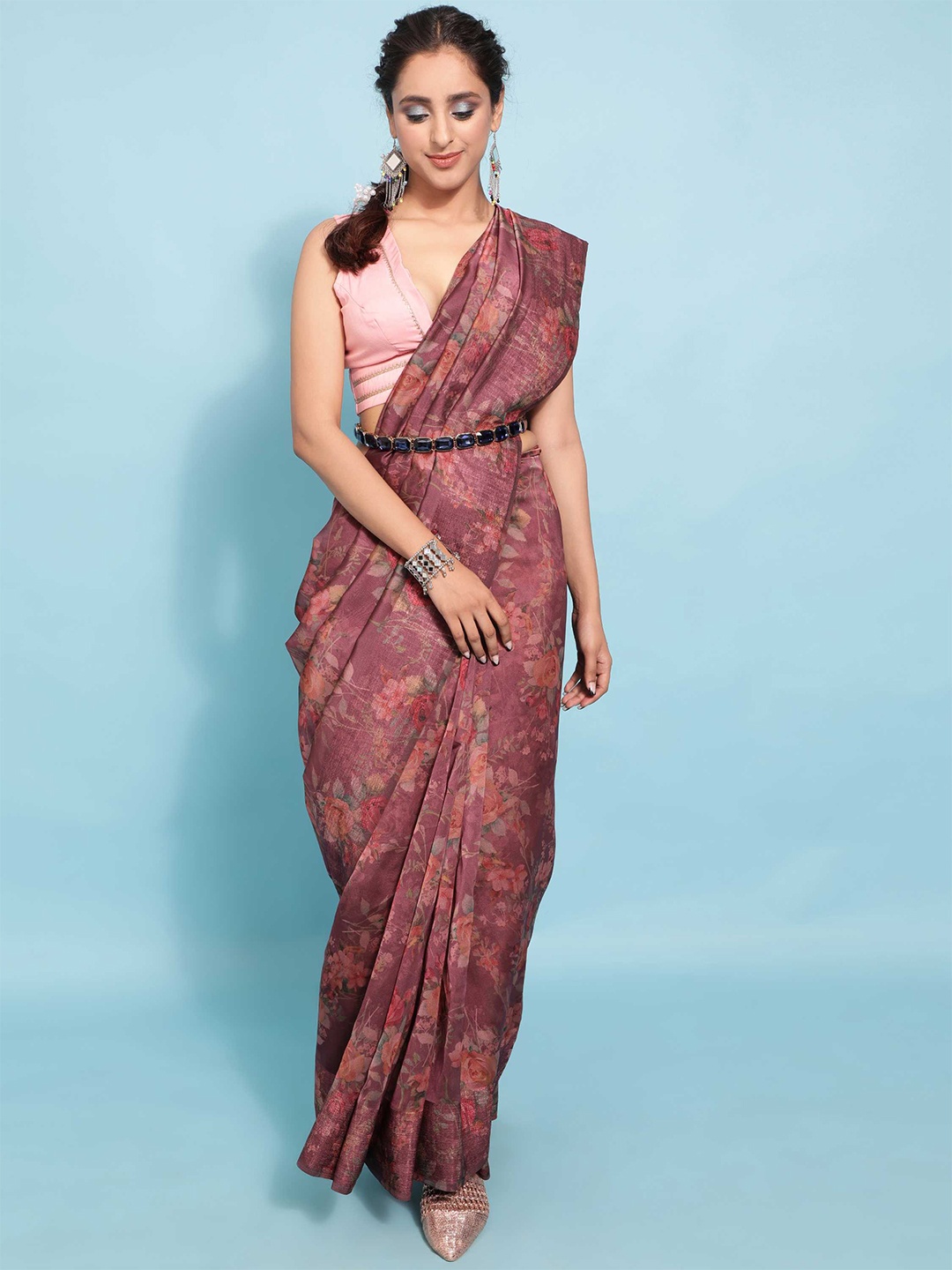 

DUNGRANI Purple & Pink Floral Khadi Saree