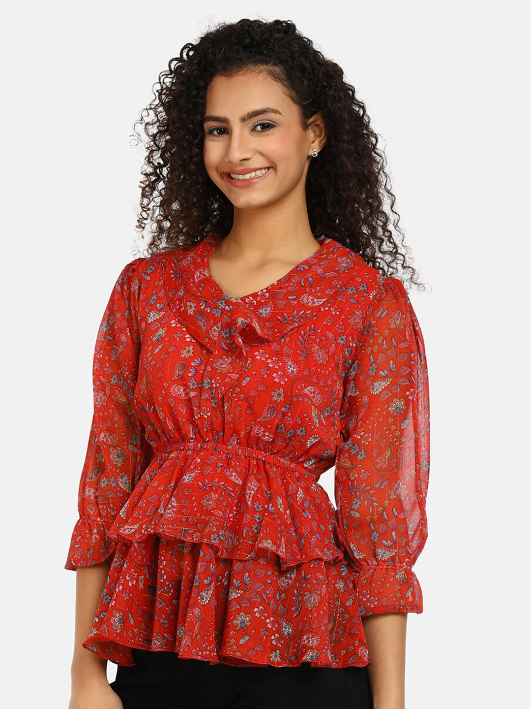 

V-Mart Women Red Floral Print Pure Cotton Cinched Waist Top