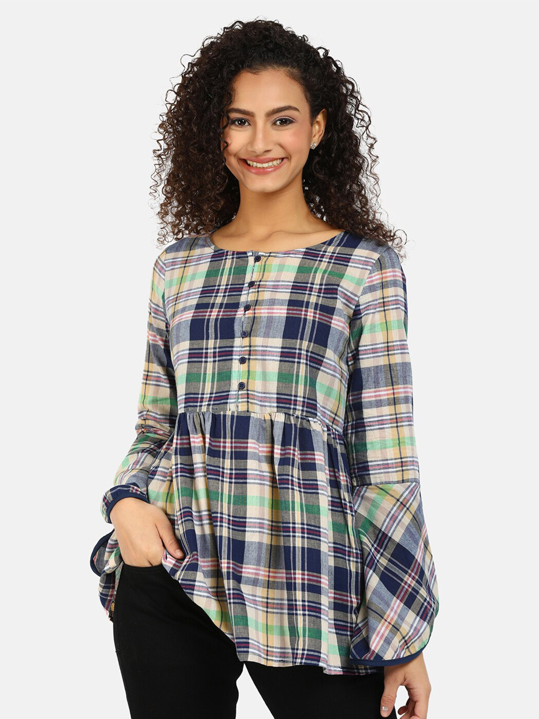 

V-Mart Navy Blue & White Pure Cotton Checked Shirt Style Top