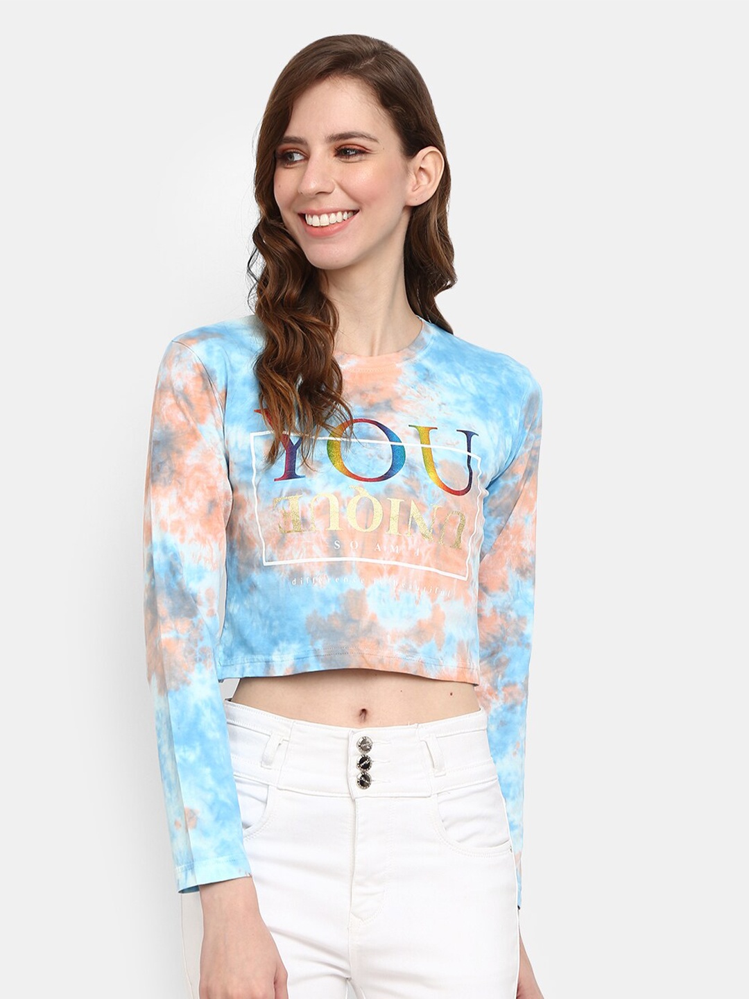 

V-Mart Blue & Peach-Coloured Pure Cotton Tie and Dye Crop Top