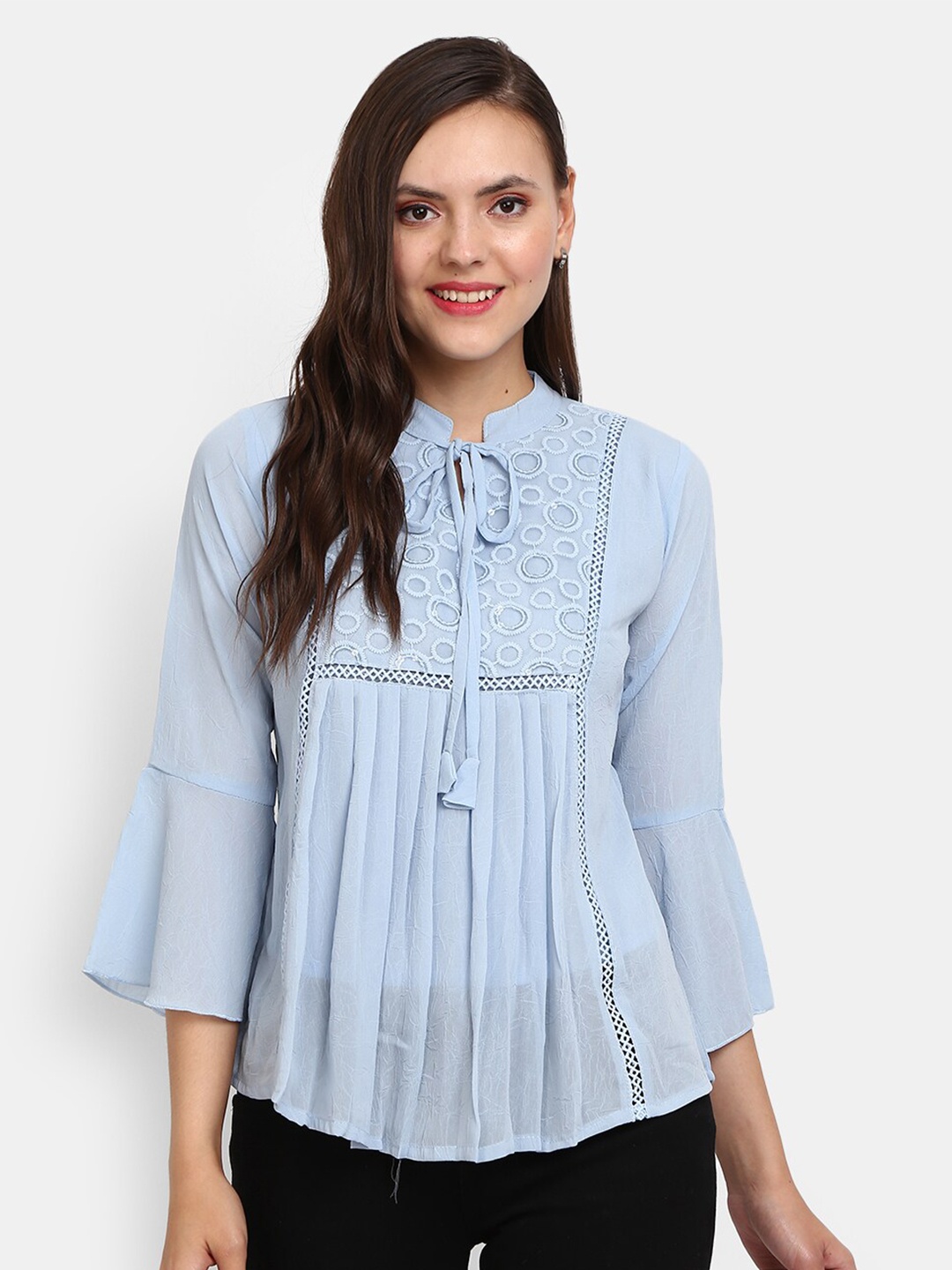 

V-Mart Blue Pure CottonTie-Up Neck Top