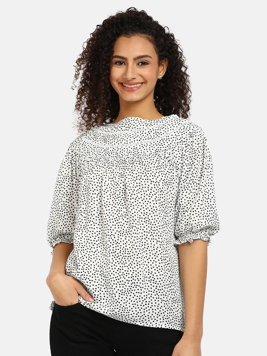 

V-Mart White & Black Pure Cotton Geometric Print Top
