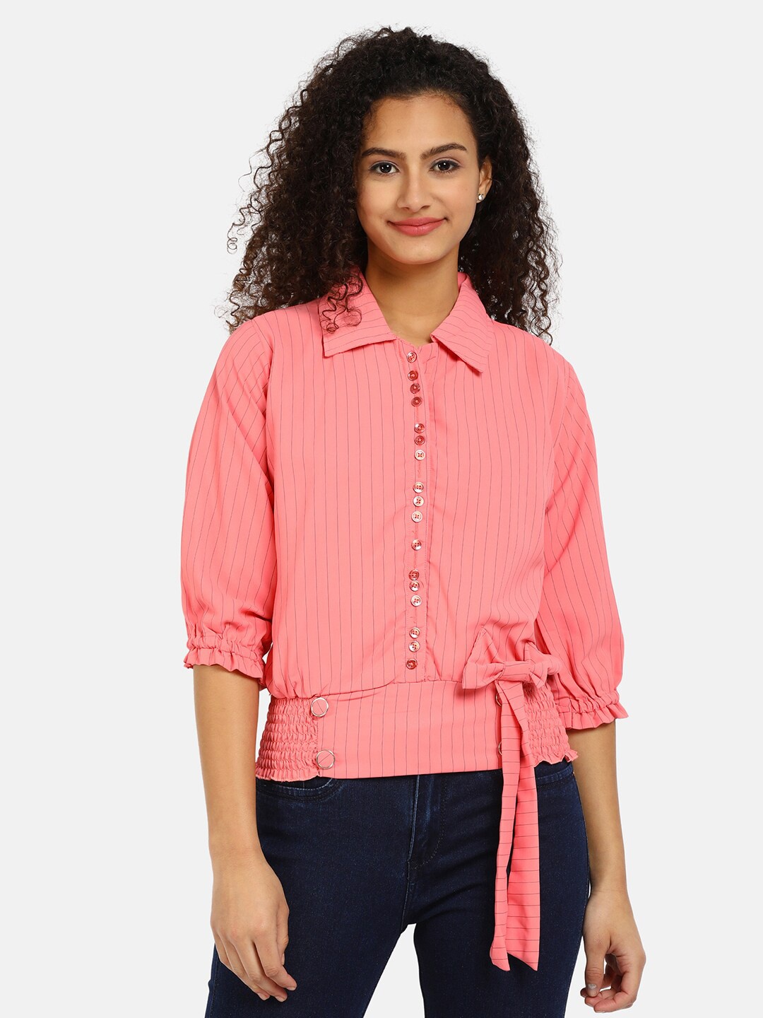 

V-Mart Peach-Coloured Striped Shirt Style Top