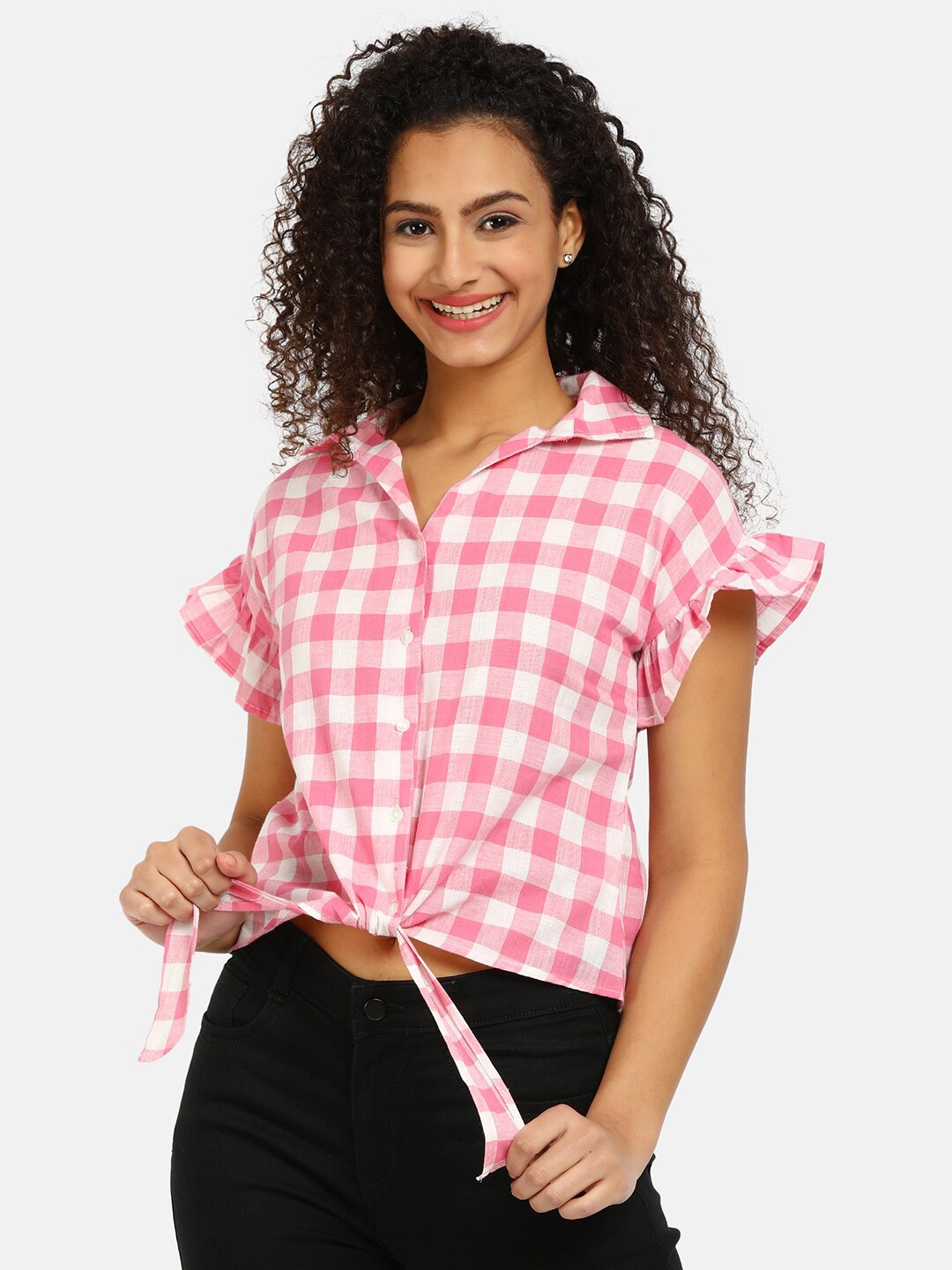 

V-Mart Pink Pure Cotton Checked Extended Sleeves Shirt Style Top