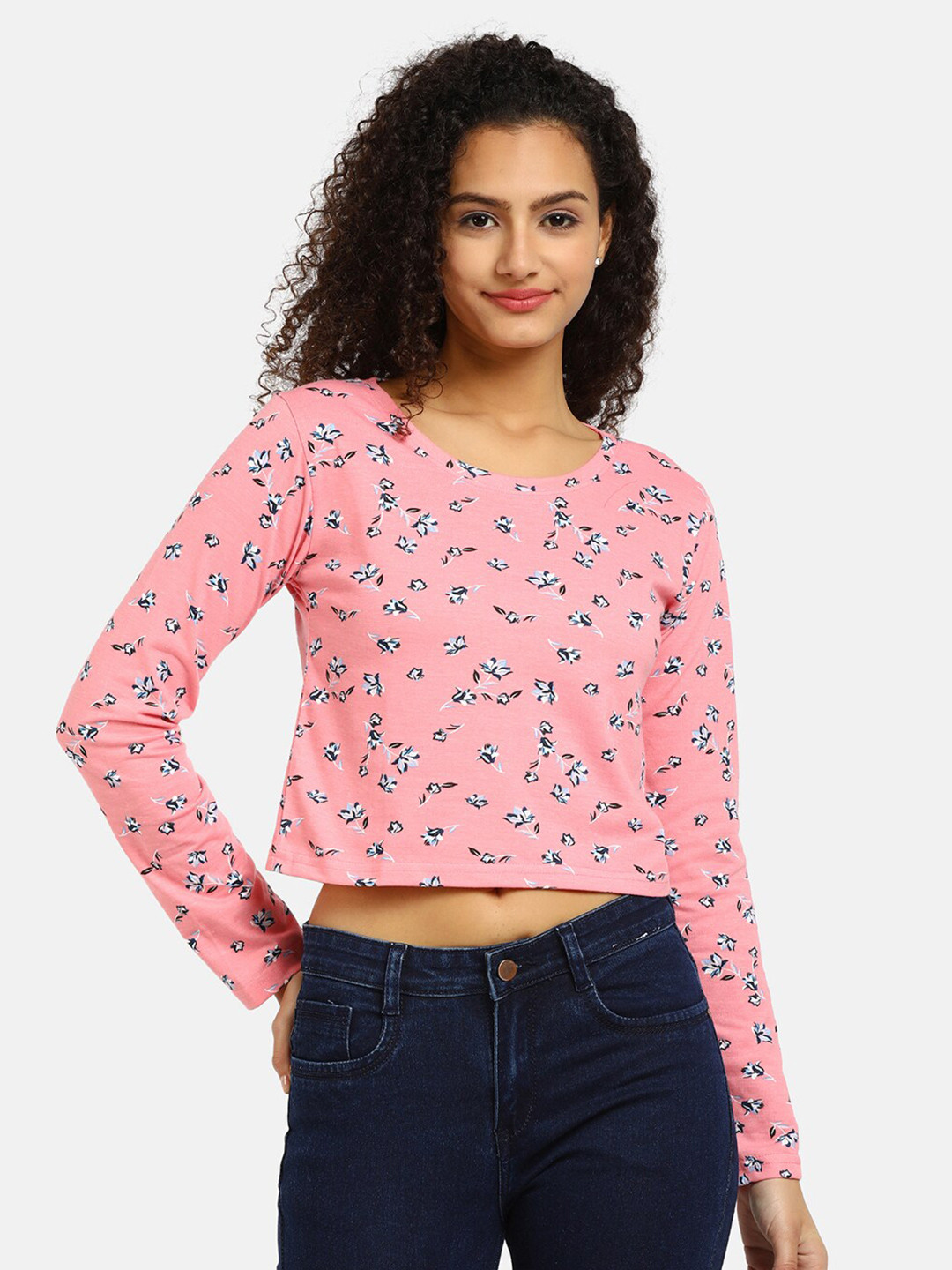 

V-Mart Pink & Blue Pure Cotton Floral Print Crop Top