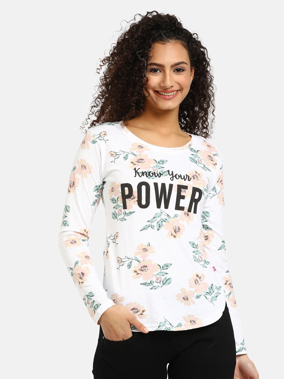 

V-Mart White & Green Pure Cotton Floral Print Top