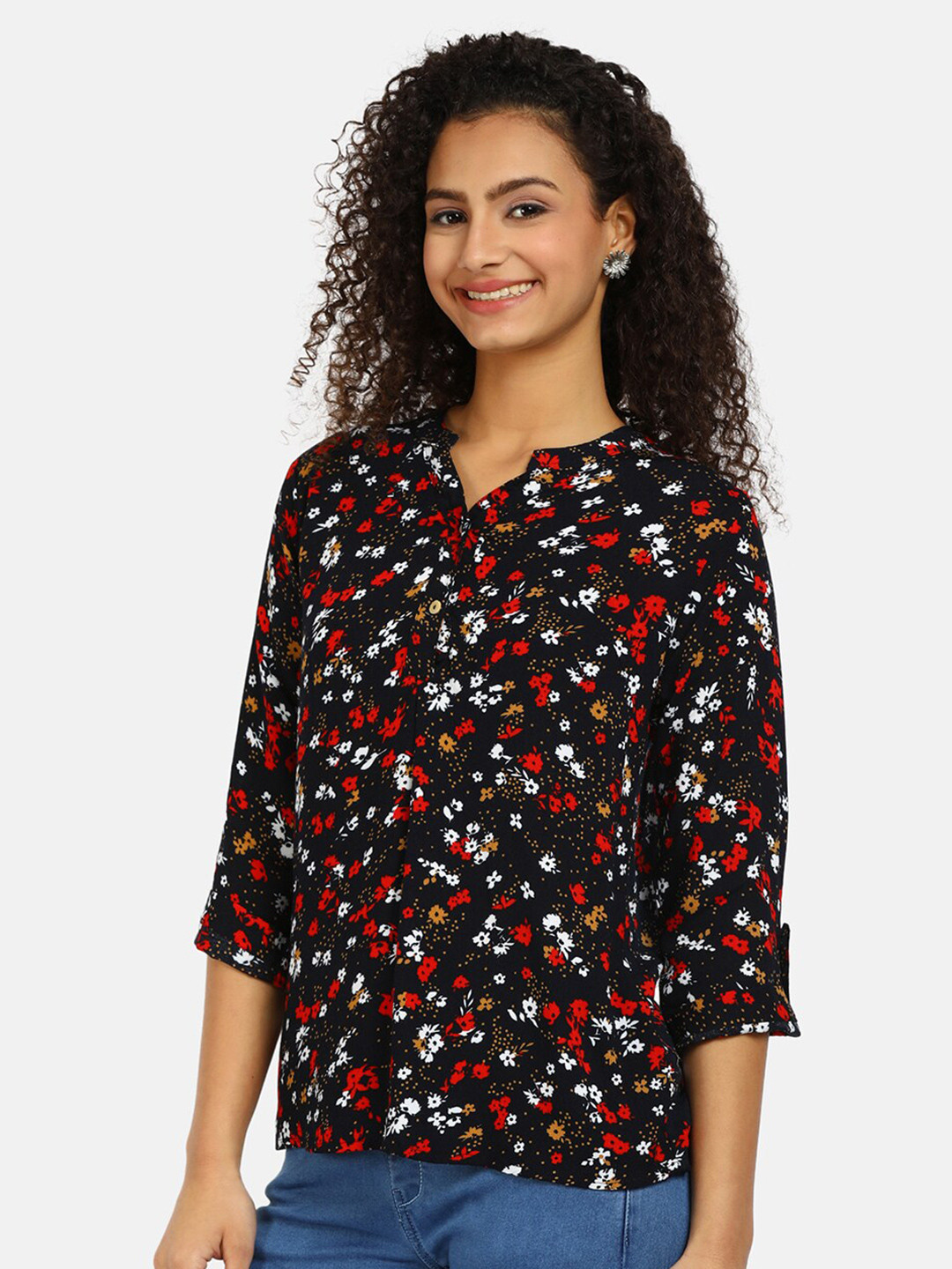 

V-Mart Navy Blue & White Floral Print Chiffon Shirt Style Top