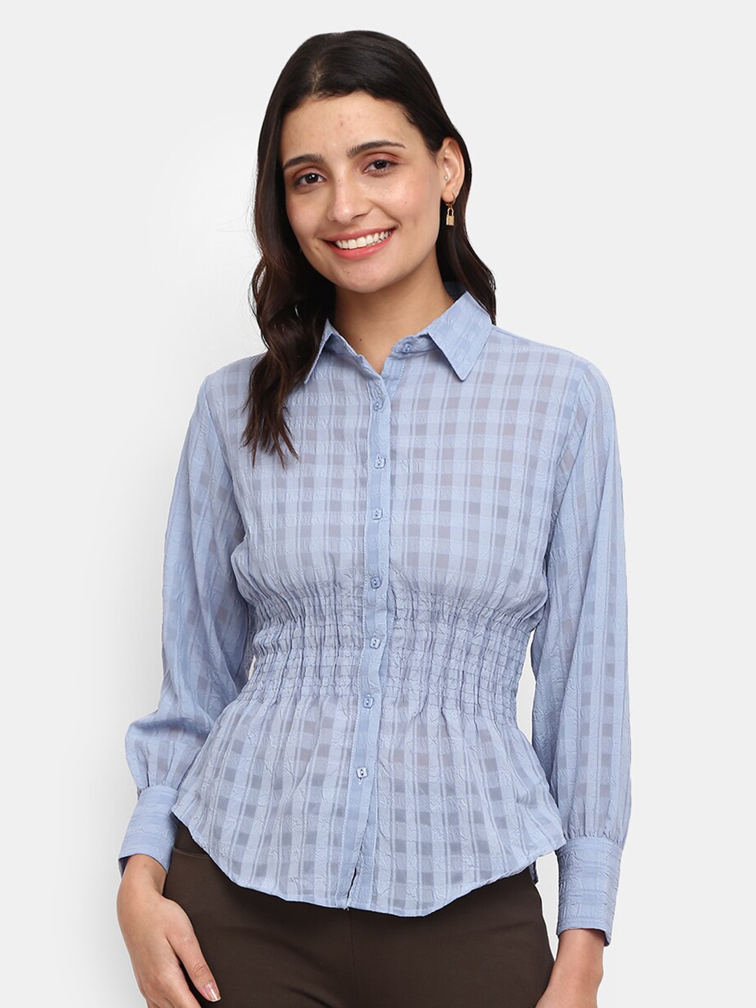 

V-Mart Blue Pure Cotton Checked Shirt Style Top