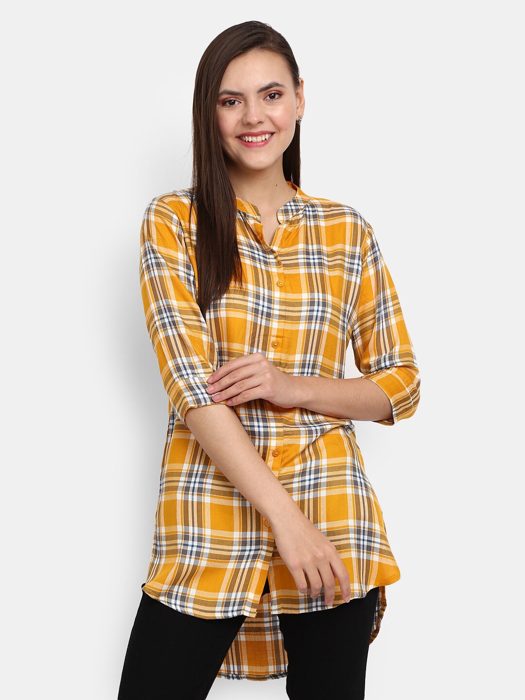 

V-Mart Mustard Yellow & Black Checked Mandarin Collar Chiffon Shirt Style Longline Top