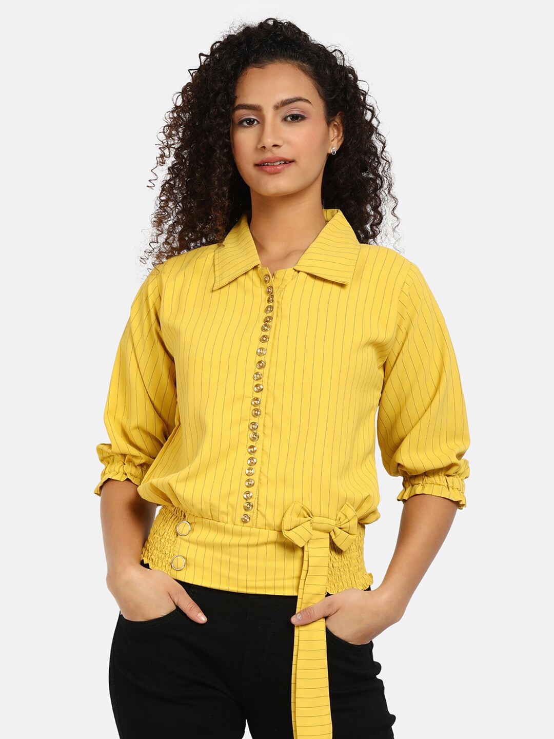 V-Mart Mustard Yellow Striped Shirt Style Top