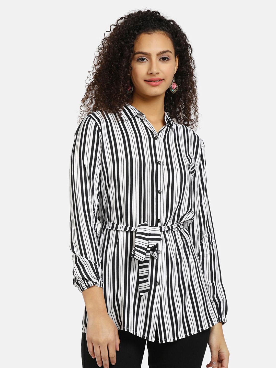 

V-Mart Black & White Pure Cotton Striped Shirt Style Longline Top