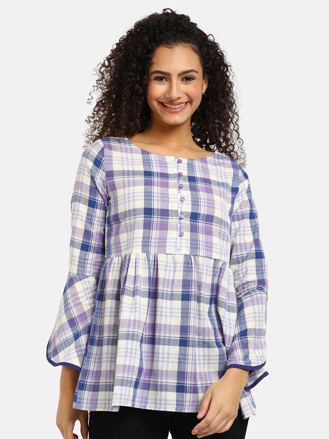 

V-Mart White & Blue Pure Cotton Checked Top