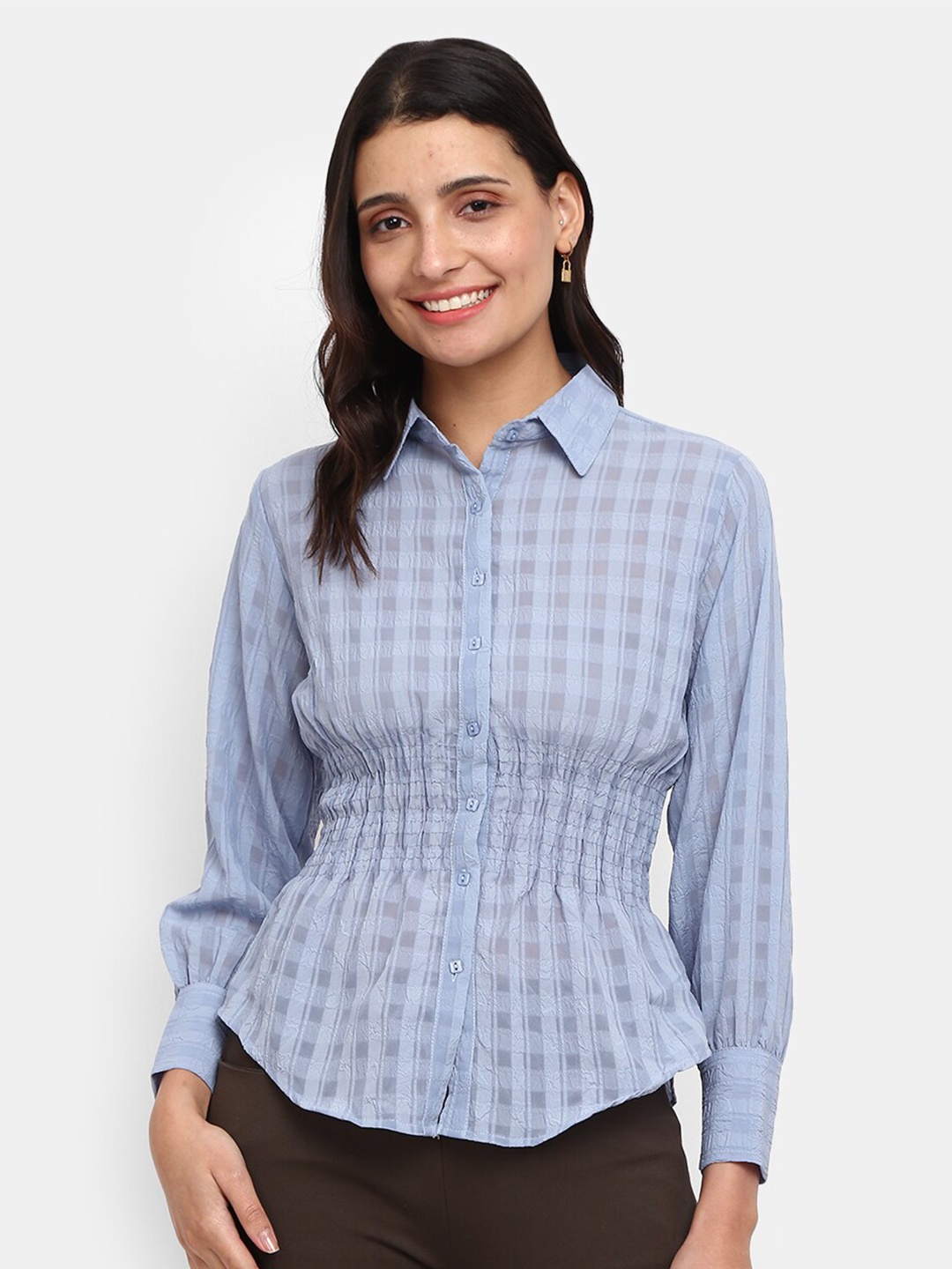 

V-Mart Blue Pure Cotton Checked Shirt Style Top