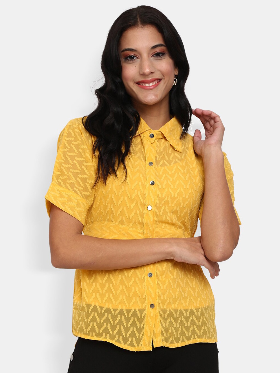 

V-Mart Mustard Yellow Georgette Shirt Style Top