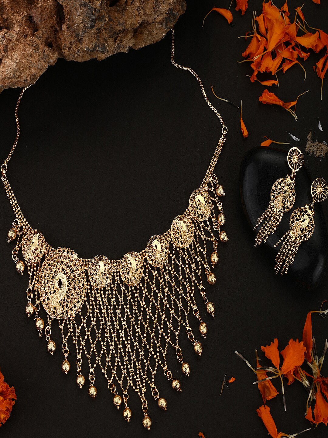 

ANIKAS CREATION Gold-Plated Jaal Work Peacock Traditional Jewellery Set