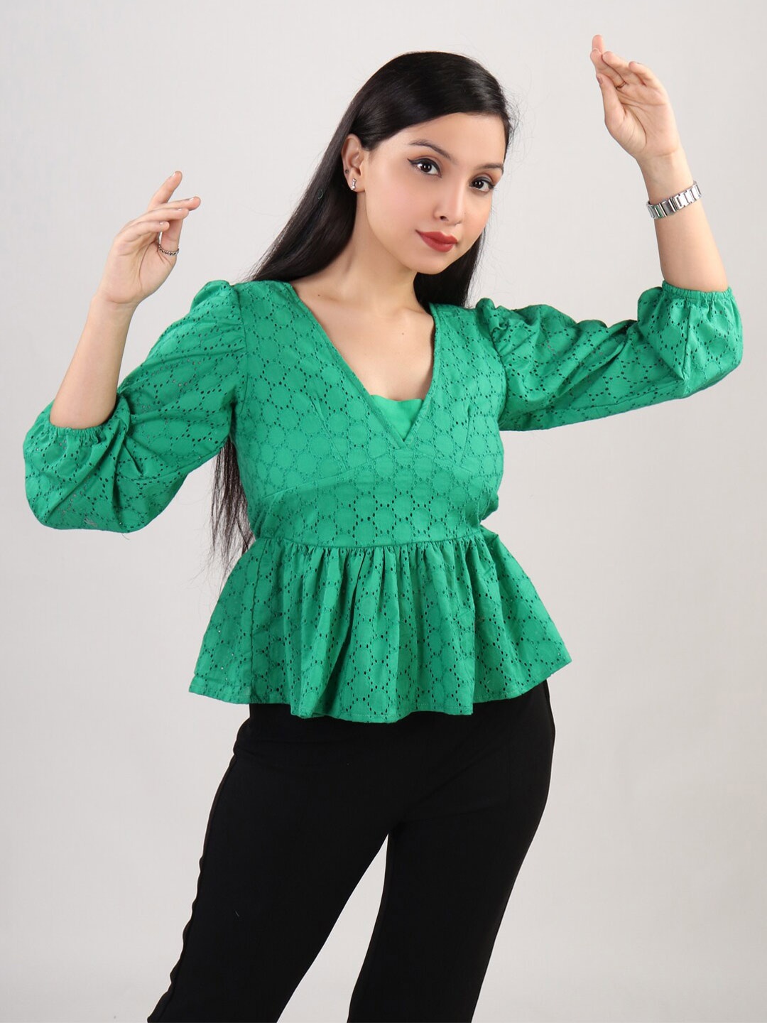 

The Label Bar Green Schiffli Peplum Top