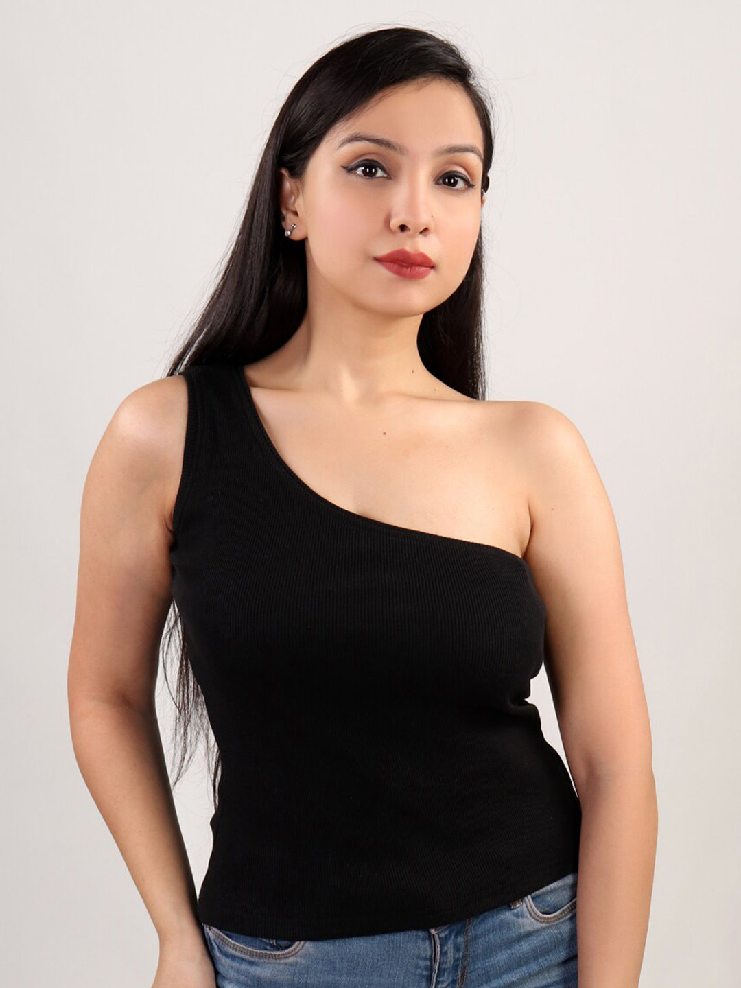 

The Label Bar Black One Shoulder Top