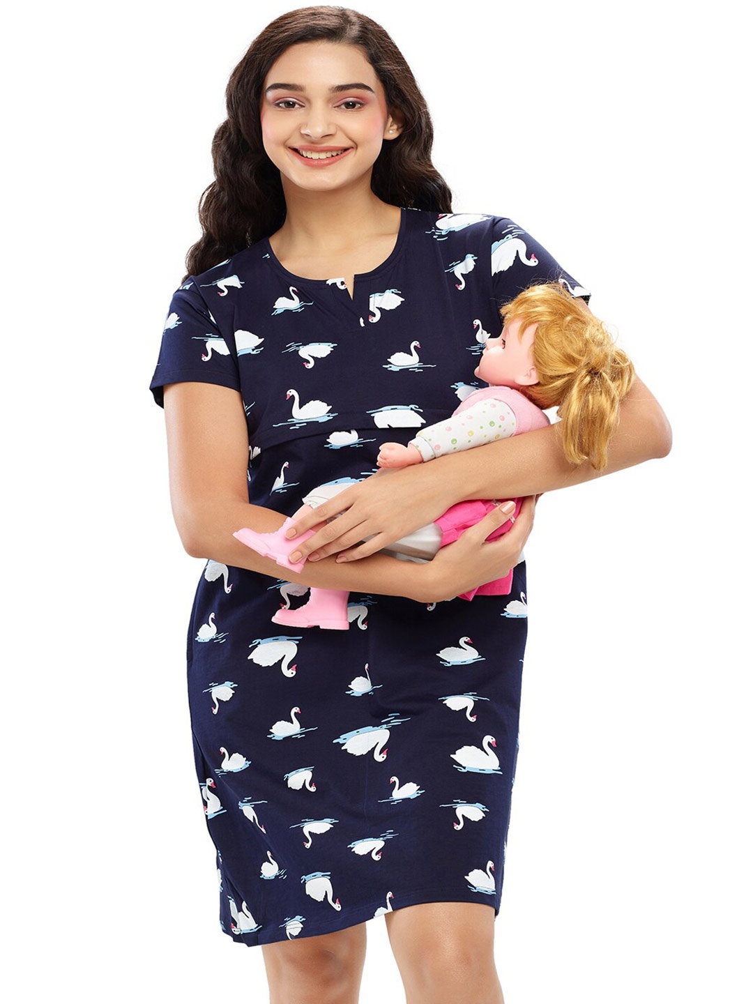 

Zeyo Women Navy Blue & White Printed Pure Cotton Maternity Nightdress