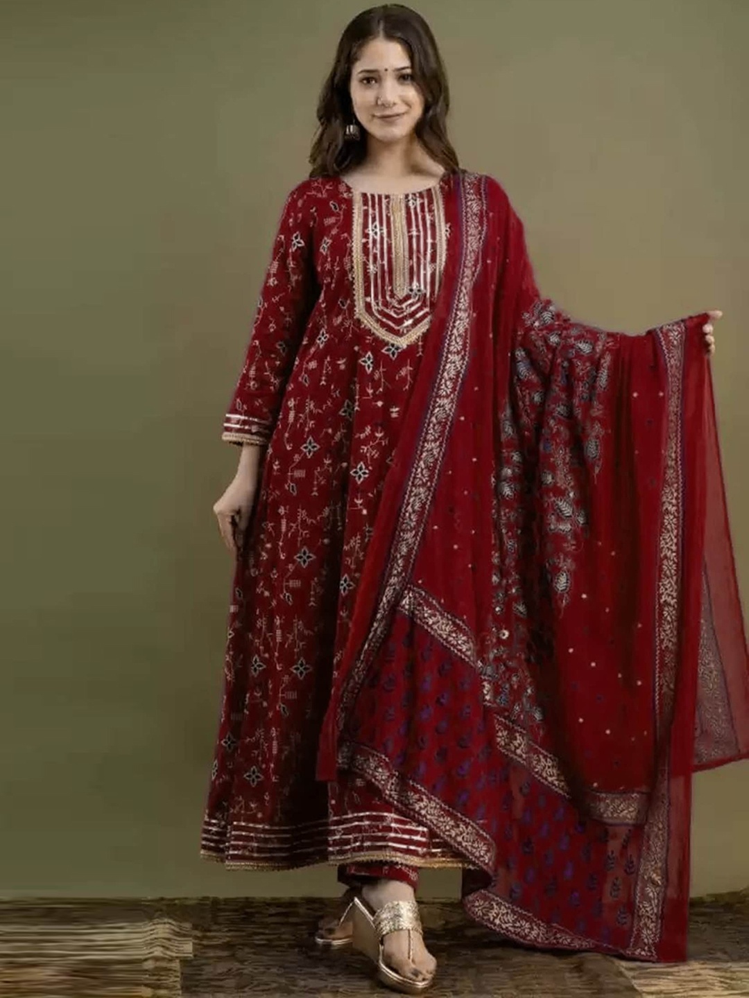 

misbis Women Maroon Printed Gotta Patti Kurta with Palazzos & With Dupatta